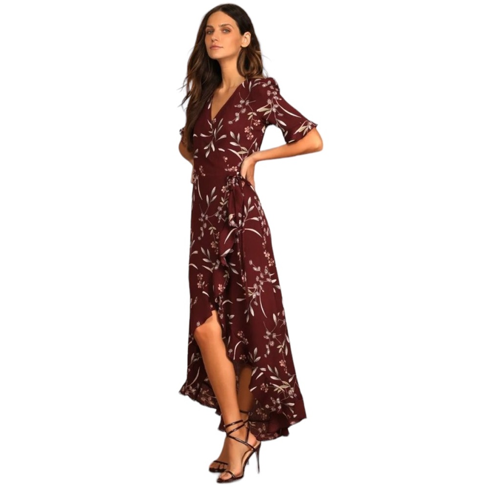 Elegant Burgundy Floral Wrap Dress